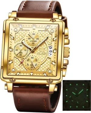 Multifunctional Chronograph Fashion Business Dress Analog Quartz Wrist Watches Luminous Waterproof secure shatter horsepower square OLEVS Square Watches for Men Leather 