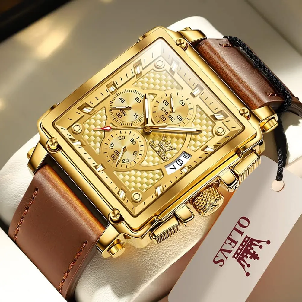 Multifunctional Chronograph Fashion Business Dress Analog Quartz Wrist Watches Luminous Waterproof secure shatter horsepower square OLEVS Square Watches for Men Leather 