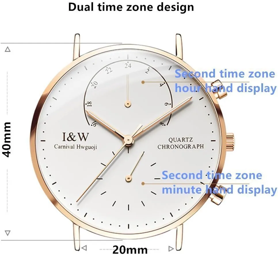 namely Watch Ultra-Thin Rose Gold Stainless Steel Case Calfskin Band MASTOP Men's Dual Time Zone Analog Luminous Quartz 