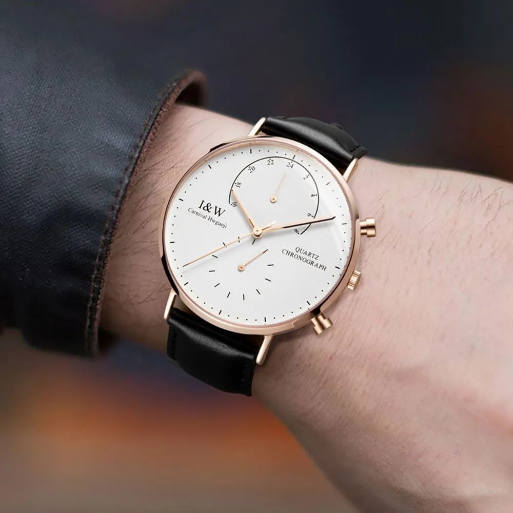 namely Watch Ultra-Thin Rose Gold Stainless Steel Case Calfskin Band MASTOP Men's Dual Time Zone Analog Luminous Quartz 