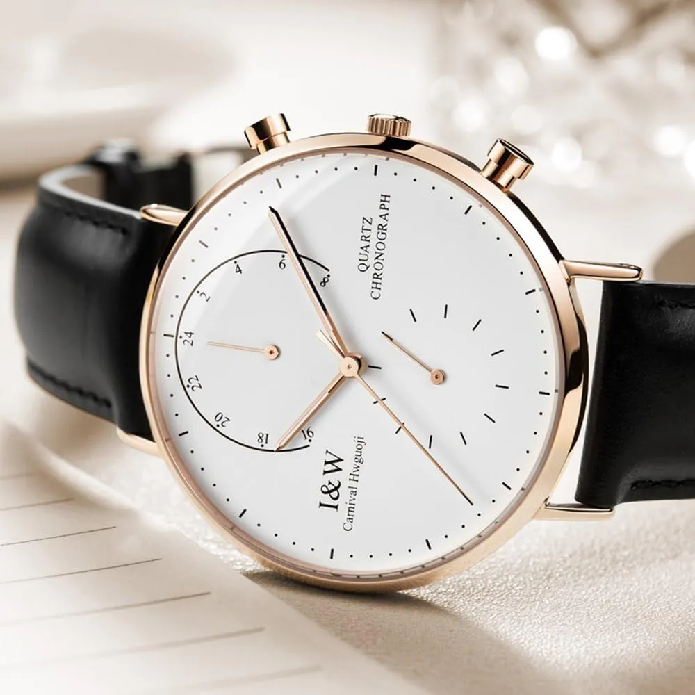 namely Watch Ultra-Thin Rose Gold Stainless Steel Case Calfskin Band MASTOP Men's Dual Time Zone Analog Luminous Quartz 