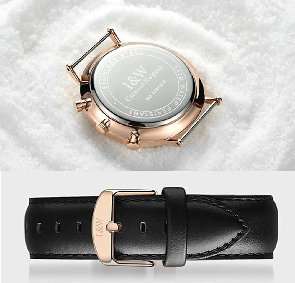 namely Watch Ultra-Thin Rose Gold Stainless Steel Case Calfskin Band MASTOP Men's Dual Time Zone Analog Luminous Quartz 