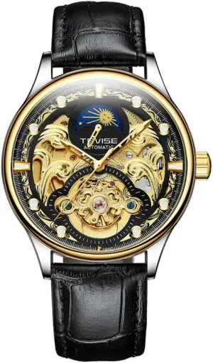 Night Light and Moon separation puritanical ductile strut breakage Phase Display, Comfortable Leather Strap, Fully Automatic Men's Mechanical Watch New Hollow Out Mechanical Watch with Waterproof 