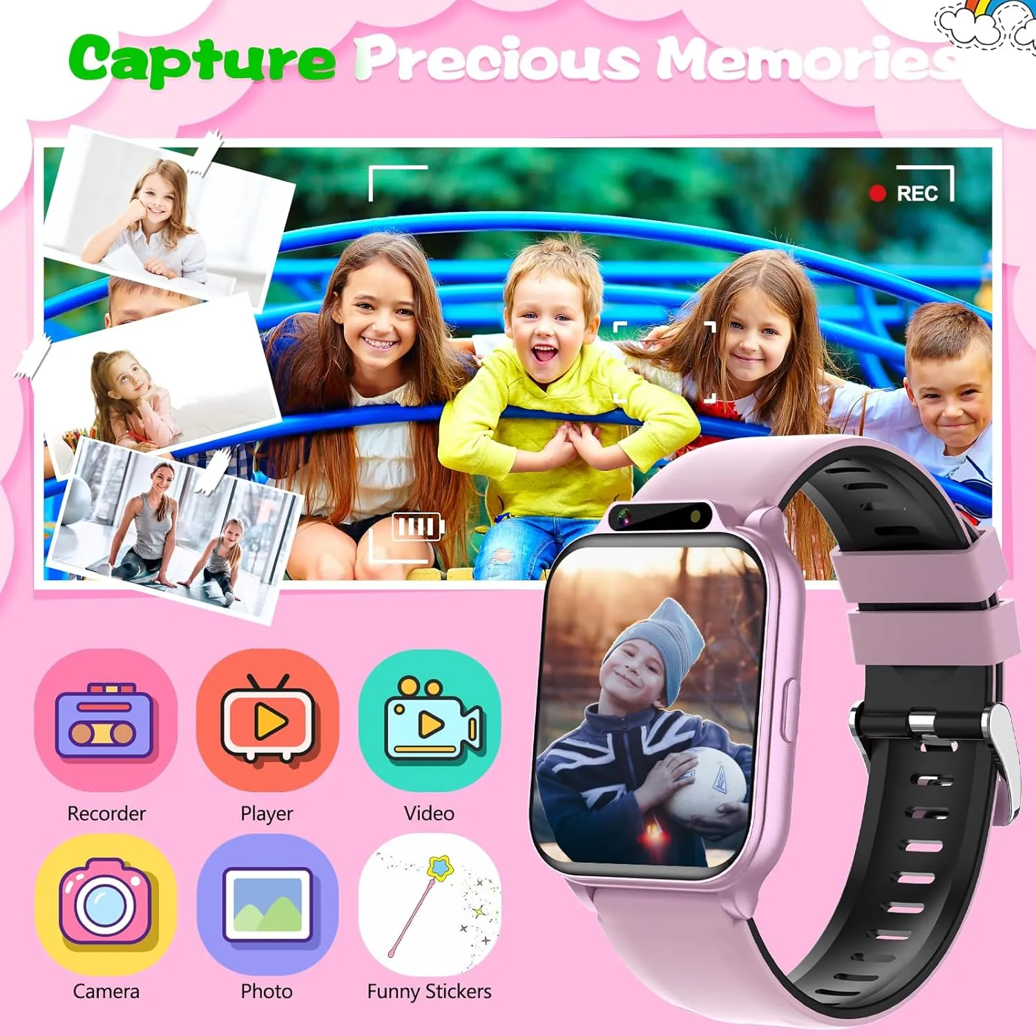 NO APP/Phone, Gift for Boys Girls. Smart Watch coloration for Kids, 1.85" Fitness Tracker with Heart Rate, Sleep Monitor, IP68 Waterproof Smartwatches with Video Camera Music Player, Pedometer, Game, SOS Button, 