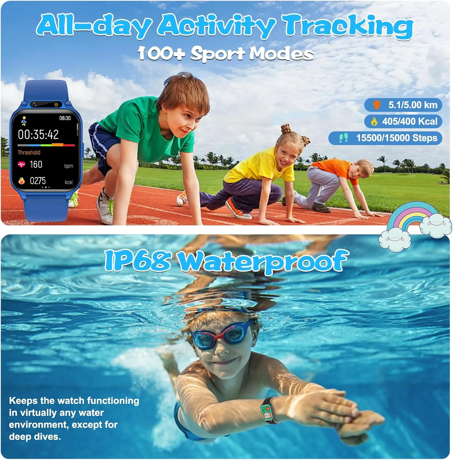 NO APP/Phone, Gift for Boys Girls. Smart Watch coloration for Kids, 1.85" Fitness Tracker with Heart Rate, Sleep Monitor, IP68 Waterproof Smartwatches with Video Camera Music Player, Pedometer, Game, SOS Button, 