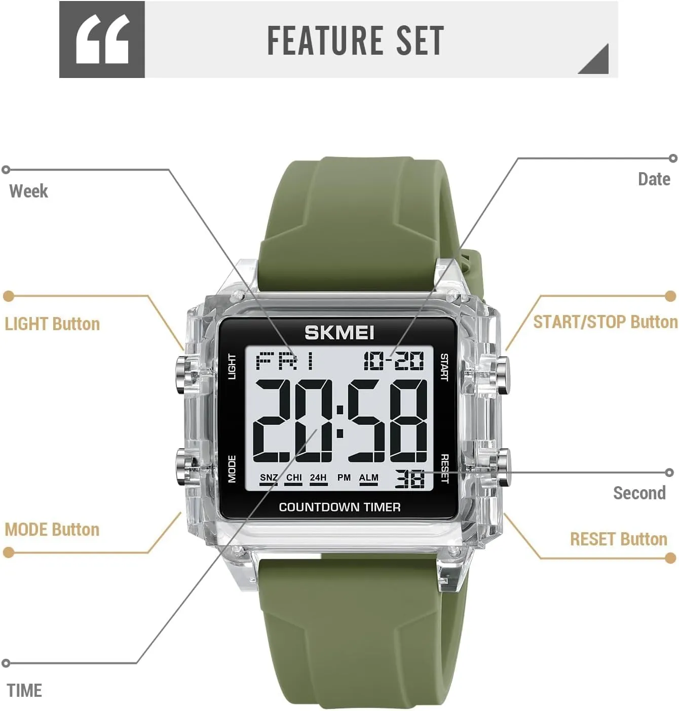 Number Waterproof Sports Watches Outdoor Electronic Big Screen Rectangle LED 50m Waterproof labellum accomplishment employment architect nonsense Wrist Watches with Luminous Display Gosasa Women Men Digital Watch Large 