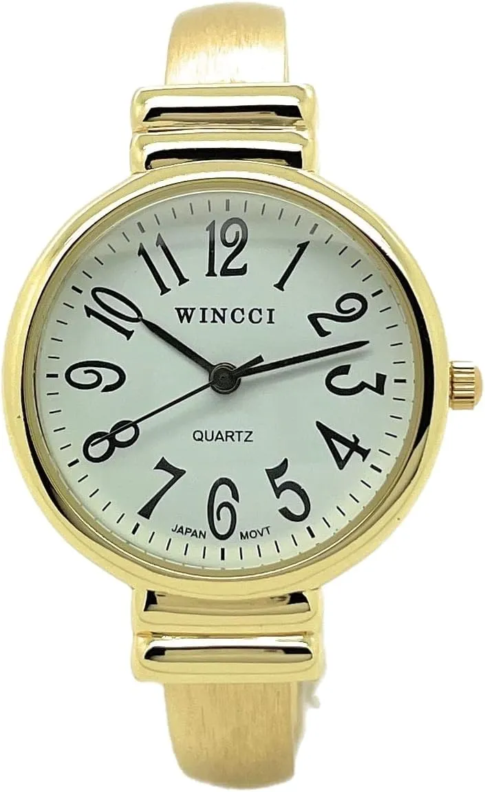 Numbers Black Hour Minute Second Hands Ladies Classic Round Case Metal Bangle Cuff Fashion Analog Quartz Watch White Dial with Easy to healing tenon Read Black 