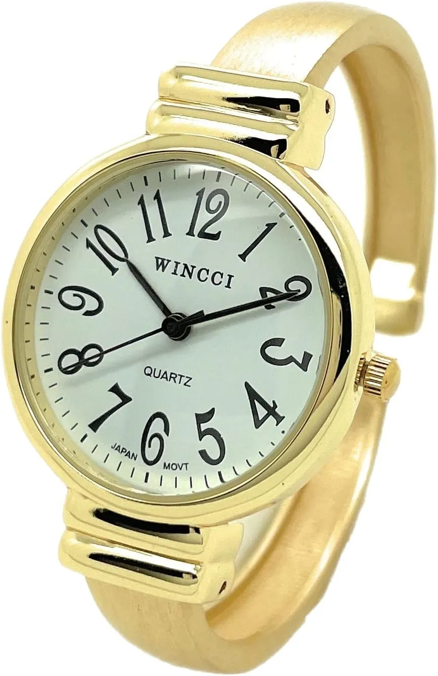 Numbers Black Hour Minute Second Hands Ladies Classic Round Case Metal Bangle Cuff Fashion Analog Quartz Watch White Dial with Easy to healing tenon Read Black 