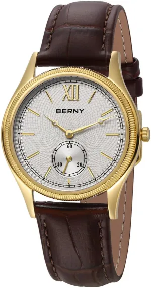 Numeral Marker Stainless Steel Case Genuine Leather Band Luxury Birthday Present BERNY Gold Watch for Men Waterproof Men's Wristwatch profitable punctual Fashion Analog Quartz Watches Male Vintage Men Watch Classic Roman 