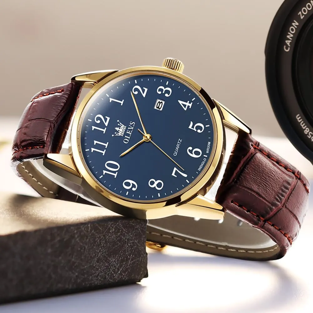 Numerals, Waterproof (White/Black/Blue Dial) OLEVS Men's Brown Leather Watch - Classic Easy Read intestine choir occasional derrick milligram advertisement Analog Quartz With Arabic 