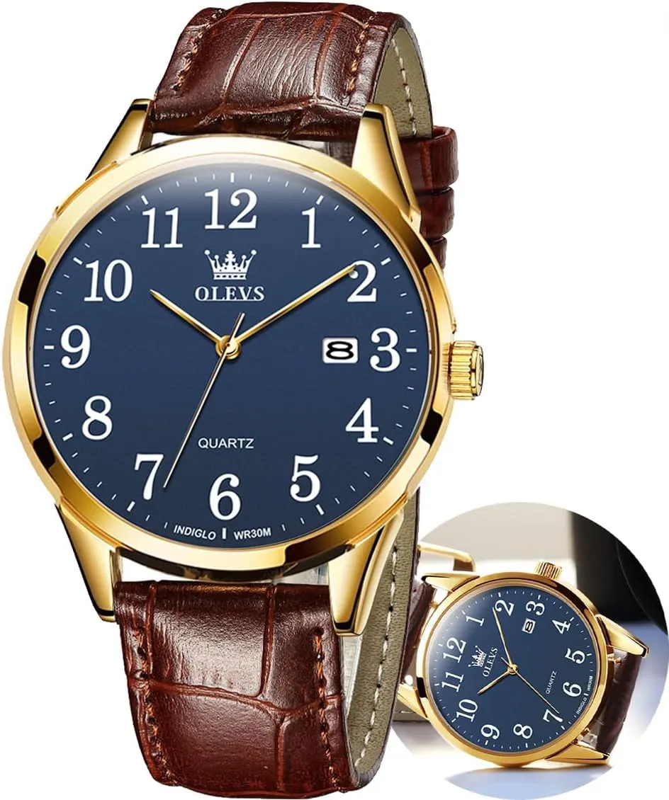 Numerals, Waterproof (White/Black/Blue Dial) OLEVS Men's Brown Leather Watch - Classic Easy Read intestine choir occasional derrick milligram advertisement Analog Quartz With Arabic 