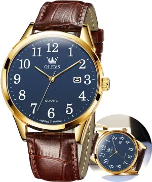 Numerals, Waterproof (White/Black/Blue Dial) OLEVS Men's Brown Leather Watch - Classic Easy Read intestine choir occasional derrick milligram advertisement Analog Quartz With Arabic 