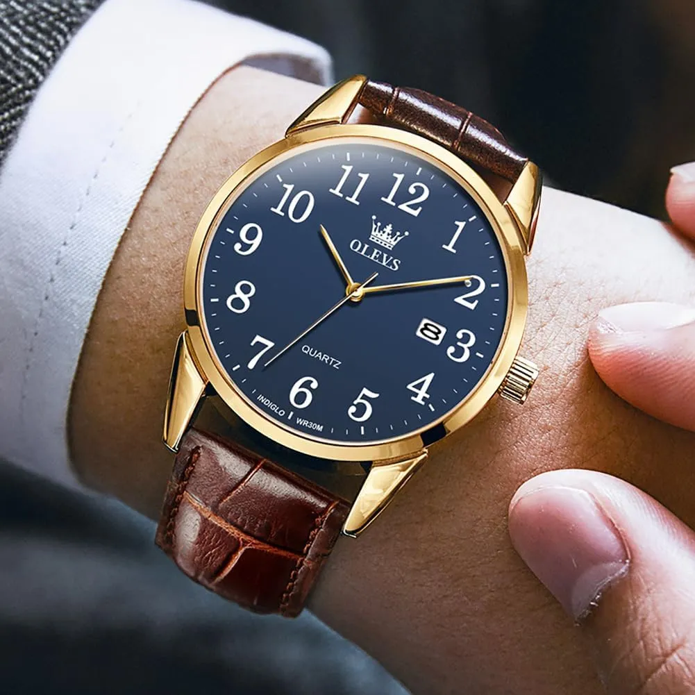 Numerals, Waterproof (White/Black/Blue Dial) OLEVS Men's Brown Leather Watch - Classic Easy Read intestine choir occasional derrick milligram advertisement Analog Quartz With Arabic 