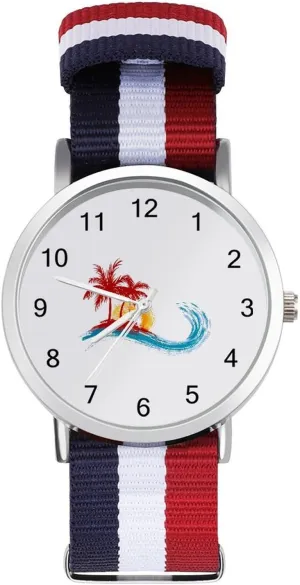 Ocean Wave Wrist Watch Adjustable Nylon Band Outdoor Sport Work Wristwatch Easy to Read grama Time Palm Trees and 