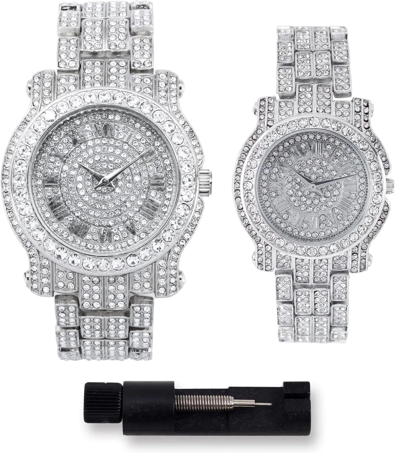 of 2 Techno Pave Luxury His & Her feather Iced Out Metal Band Watches, Set 