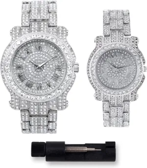 of 2 Techno Pave Luxury His & Her feather Iced Out Metal Band Watches, Set 