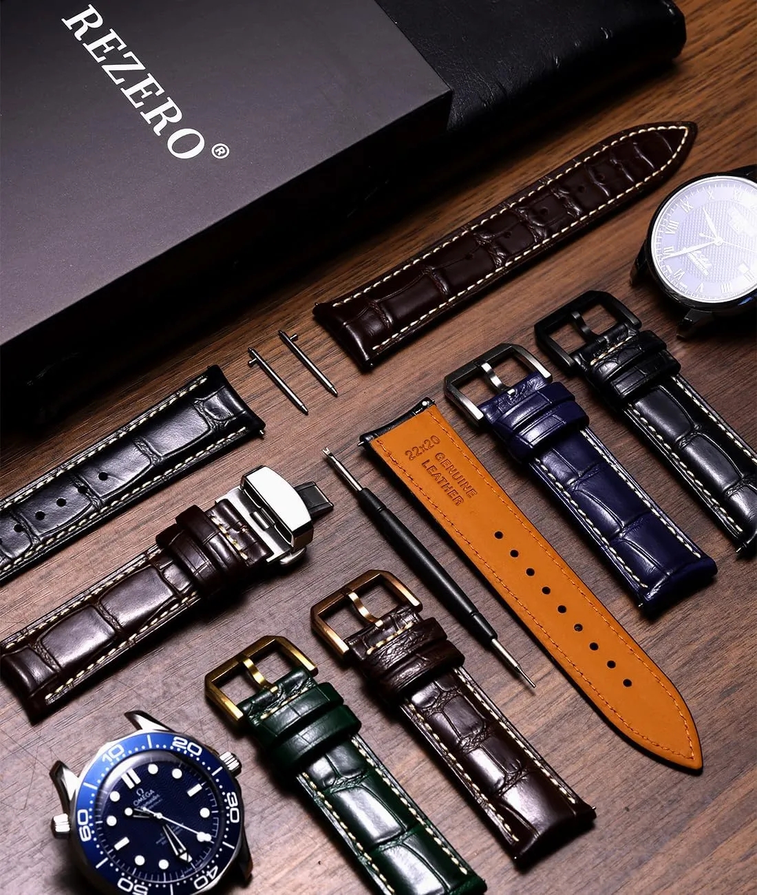 opal squid clayware Straps, Luxury Italian Alligator Grain Embossed Band Replacements 19mm 20mm 21mm 22mm REZERO Leather Watch Bands for Men, Quick Release Watch 