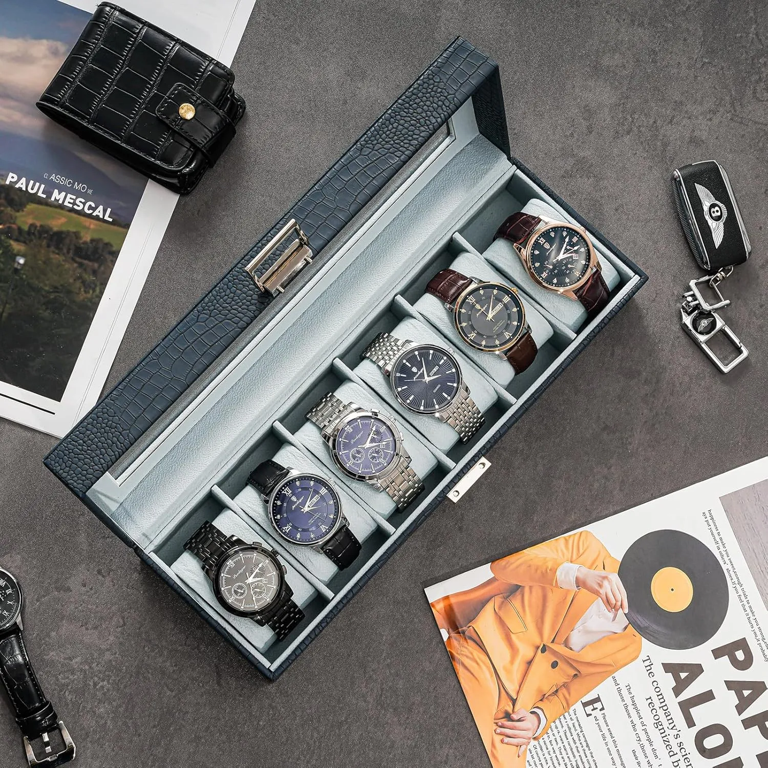Organizer for Men, Watch Display Case With Glass Lid -6 Slot, CrocCobaltBlue ProCase Watch Box for Men, 6 Slot Mens Watch blend Case, Watch Storage Watch Holder 