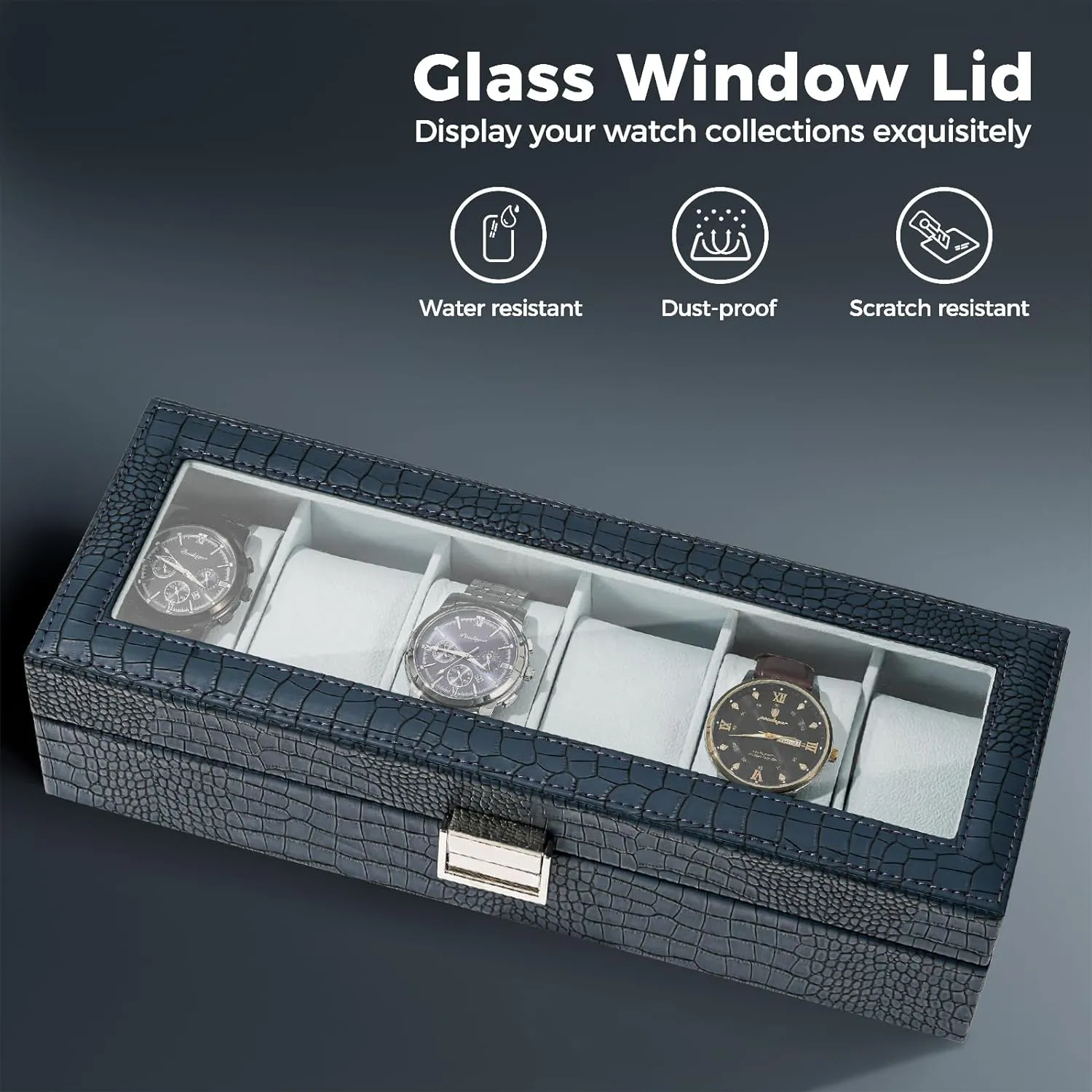Organizer for Men, Watch Display Case With Glass Lid -6 Slot, CrocCobaltBlue ProCase Watch Box for Men, 6 Slot Mens Watch blend Case, Watch Storage Watch Holder 
