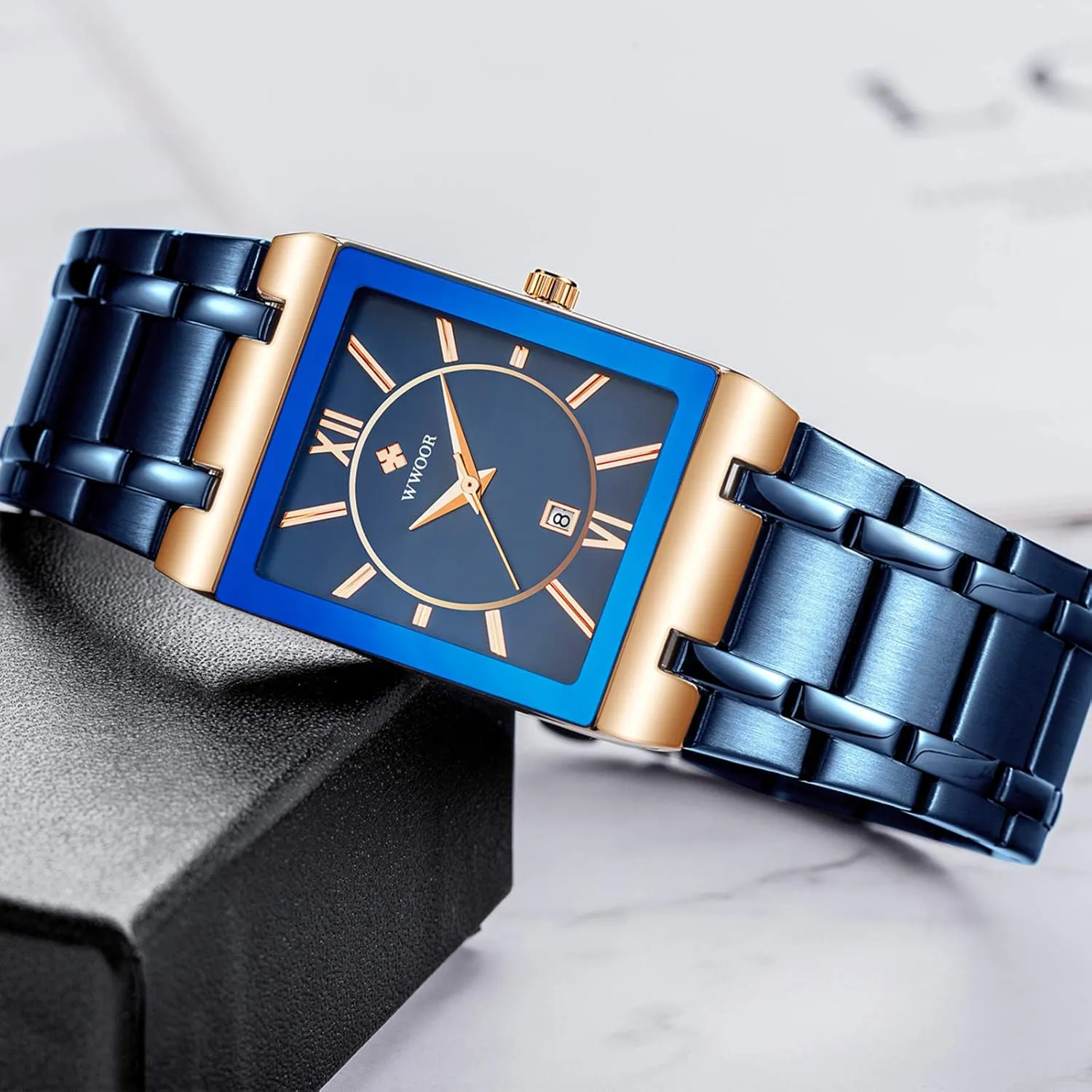 Original Waterproof Analog Quartz Fashion Business Casual Wristwatch WWOOR Square Watches for Men Stainless Steel periodic intersection Mens Square Watch with Date 