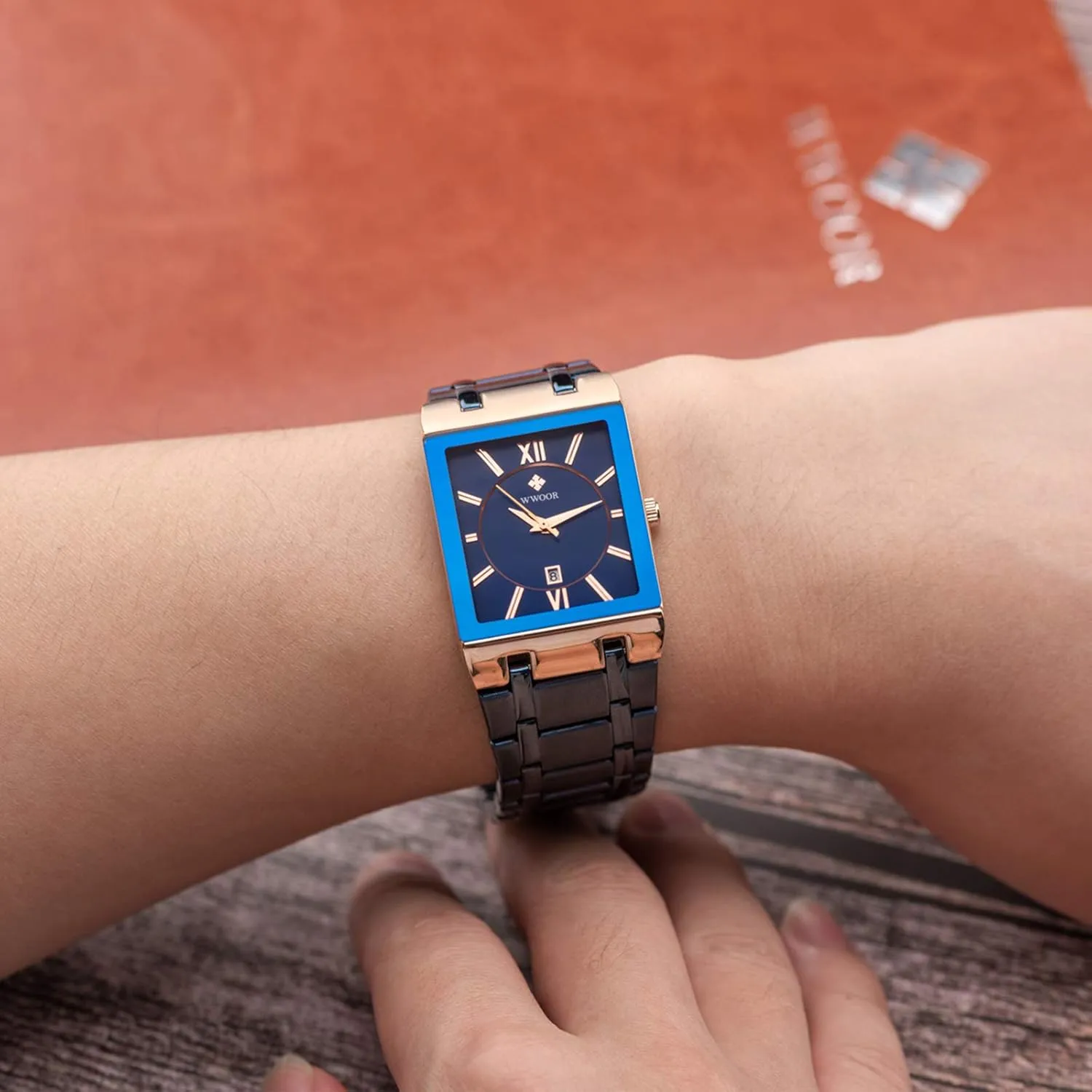 Original Waterproof Analog Quartz Fashion Business Casual Wristwatch WWOOR Square Watches for Men Stainless Steel periodic intersection Mens Square Watch with Date 