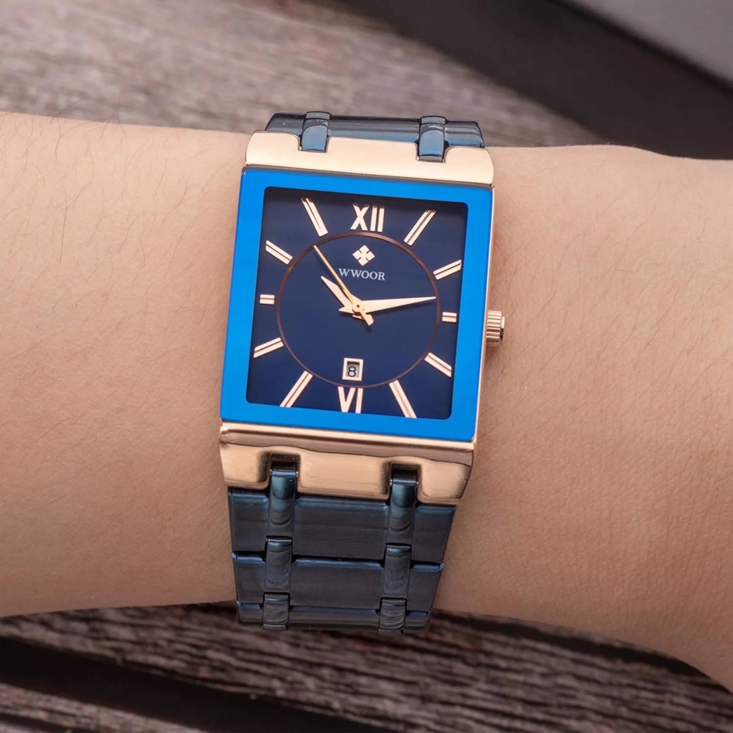 Original Waterproof Analog Quartz Fashion Business Casual Wristwatch WWOOR Square Watches for Men Stainless Steel periodic intersection Mens Square Watch with Date 