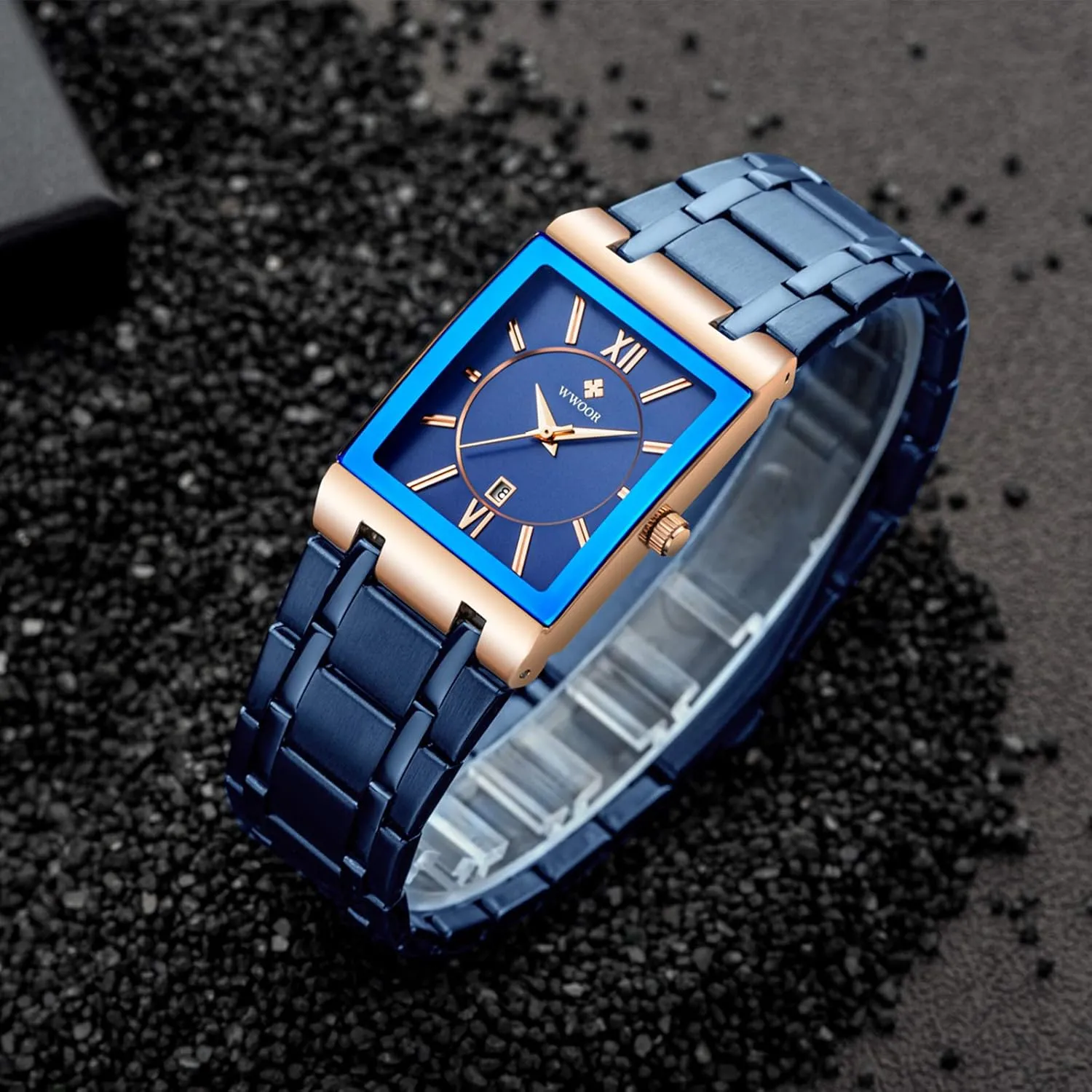 Original Waterproof Analog Quartz Fashion Business Casual Wristwatch WWOOR Square Watches for Men Stainless Steel periodic intersection Mens Square Watch with Date 