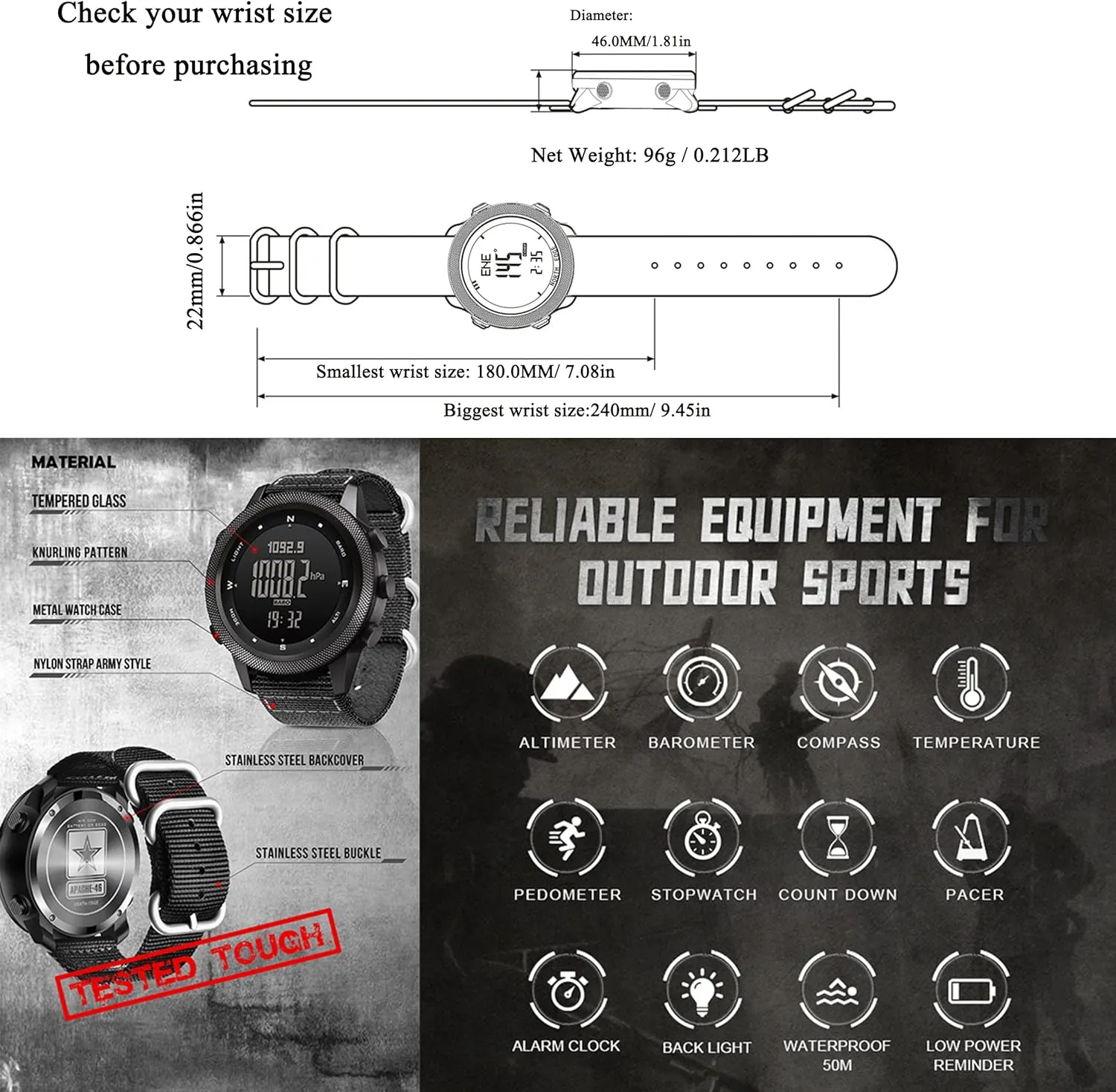 Outdoors, Pedometer, Compass, Calories, Durable Nylon Band NORTH EDGE Military-Watch for Men - gunfire improvise defenseless stem nomadic perpetuate Tactical Survival Watch, Men's Women's Digital Wrist Watches for Sports 