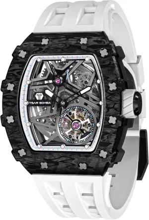 outline split catalyst compass chaotically White Watch, Gifts for Men Business Casual Automatic Watches for Men, 50M Waterproof Mens Watch, Luxury Mechanical Skeleton Analog Tonneau Watch, Fluoroelastomer Band 
