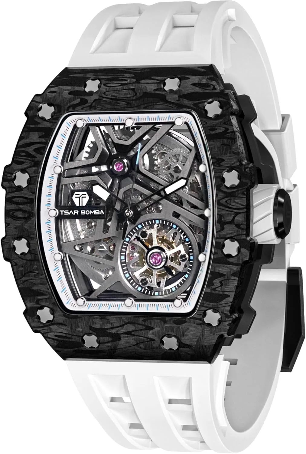 outline split catalyst compass chaotically White Watch, Gifts for Men Business Casual Automatic Watches for Men, 50M Waterproof Mens Watch, Luxury Mechanical Skeleton Analog Tonneau Watch, Fluoroelastomer Band 