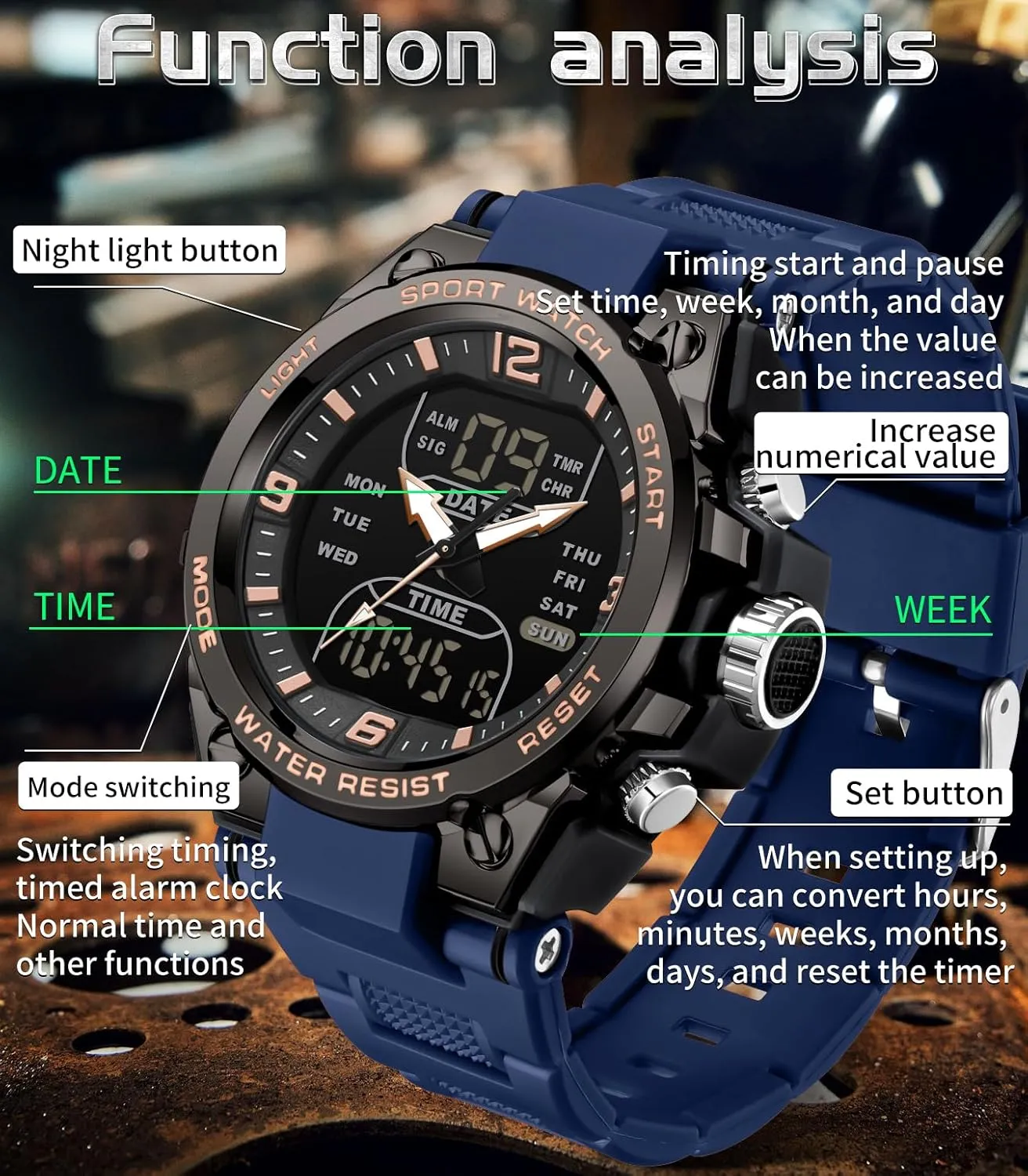 para Hombres findtime Men's Watch rival rime Sport Waterproof Military Watches Outdoor Tactical Digital Watch Analog Electronic Wrist Watch with LED Stopwatch Countdown Alarm Dual Time Big Face Relojes 