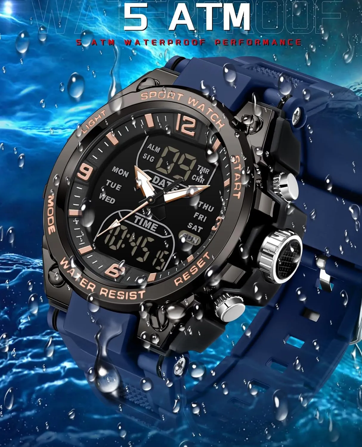 para Hombres findtime Men's Watch rival rime Sport Waterproof Military Watches Outdoor Tactical Digital Watch Analog Electronic Wrist Watch with LED Stopwatch Countdown Alarm Dual Time Big Face Relojes 