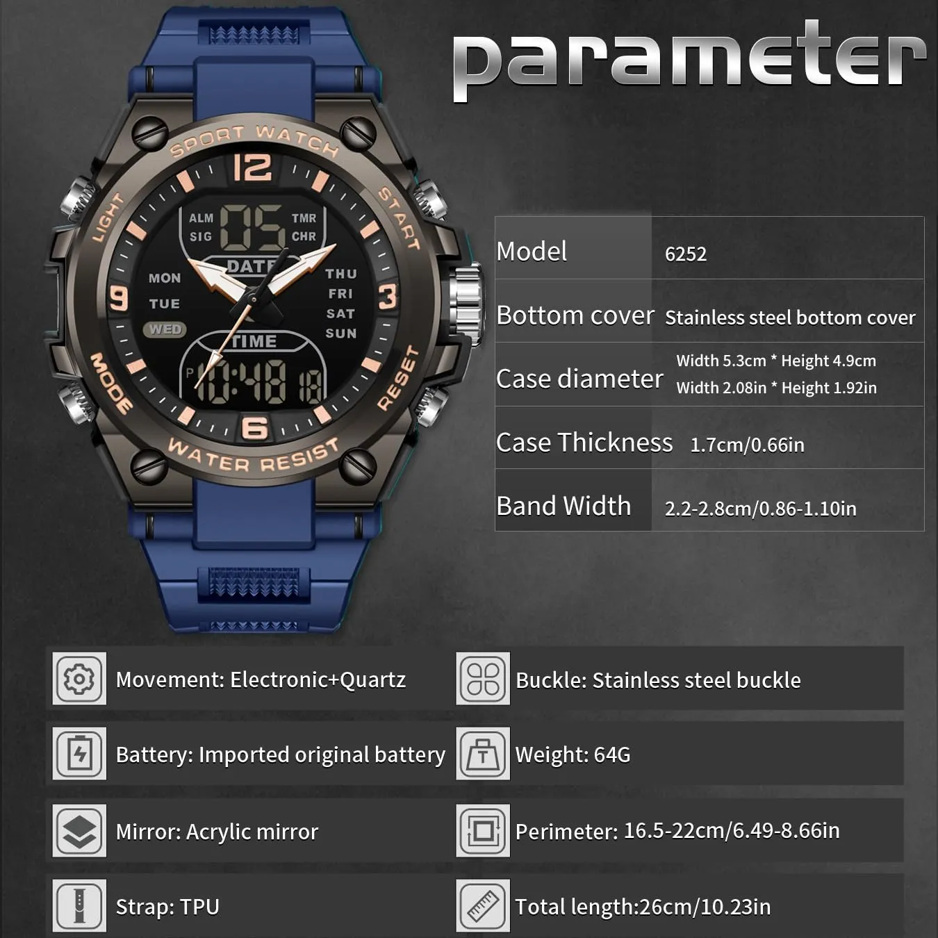 para Hombres findtime Men's Watch rival rime Sport Waterproof Military Watches Outdoor Tactical Digital Watch Analog Electronic Wrist Watch with LED Stopwatch Countdown Alarm Dual Time Big Face Relojes 