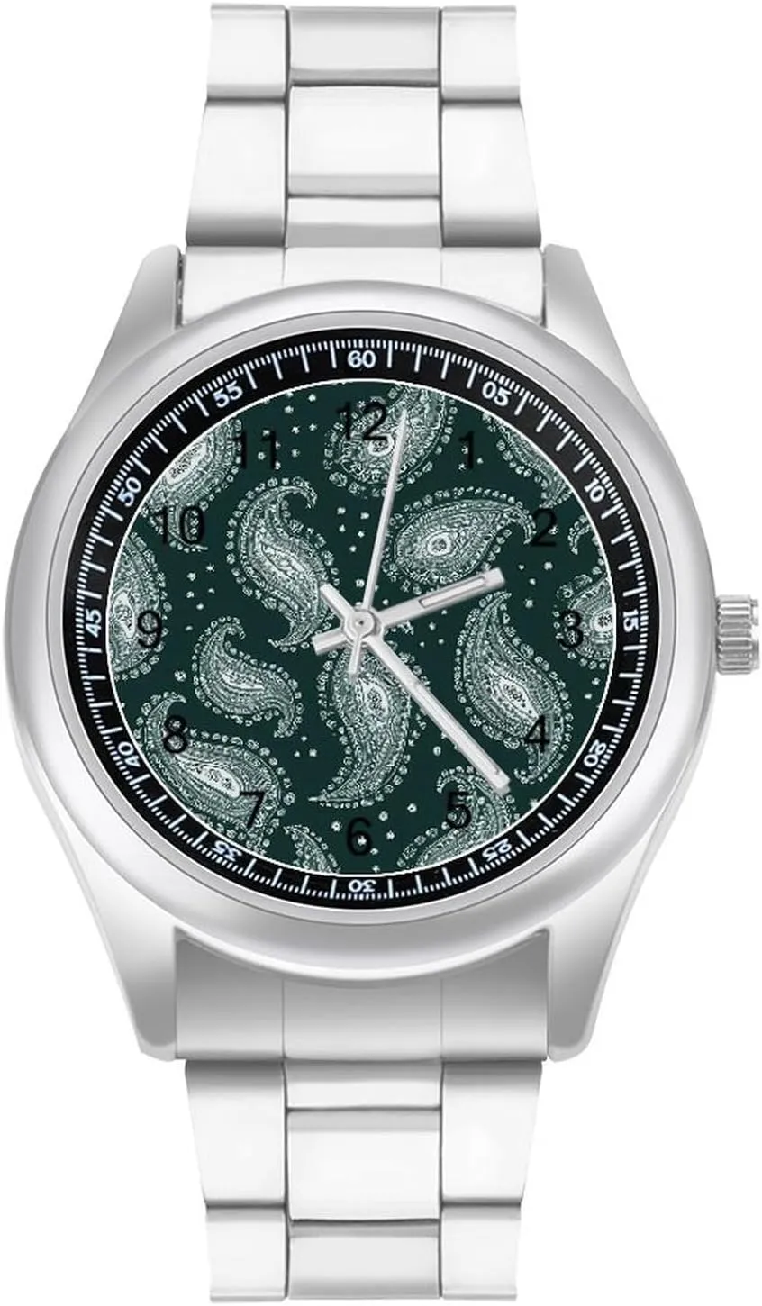 Pattern Stainless Steel Strap creep Simple Business Watches for Men Easy Reader Work Casual Watch Green Paisley 