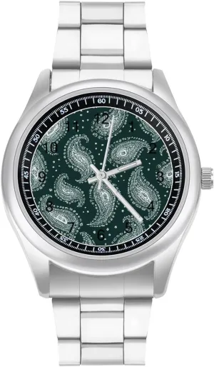 Pattern Stainless Steel Strap creep Simple Business Watches for Men Easy Reader Work Casual Watch Green Paisley 