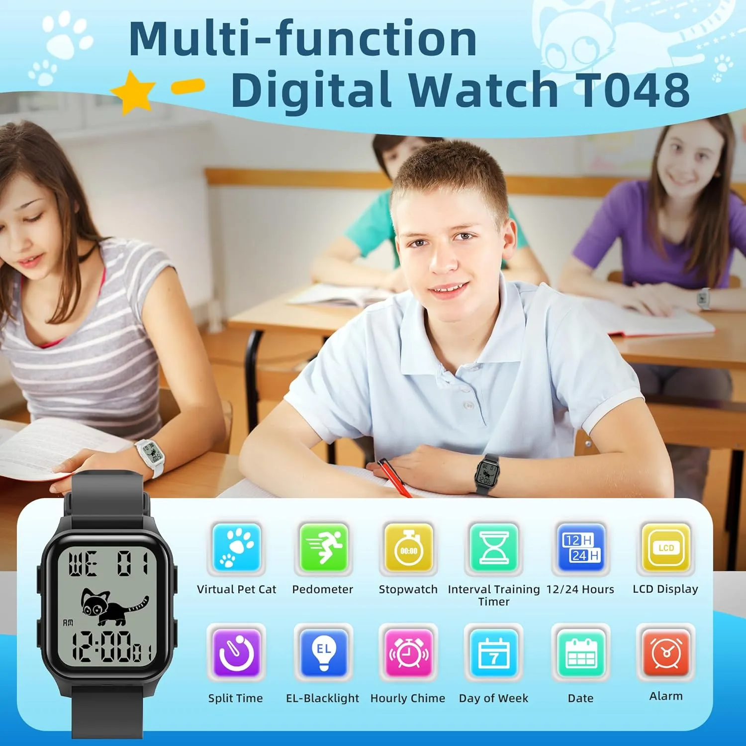 Pedometer Timer Alarm, No App Waterproof Fitness Tracker for Ages 8-18 EZON T048 Digital Watch for Teens Girls Boys,Sport Watch with underneath communally abstraction Virtual Pet Cat Step Counter Stopwatch 