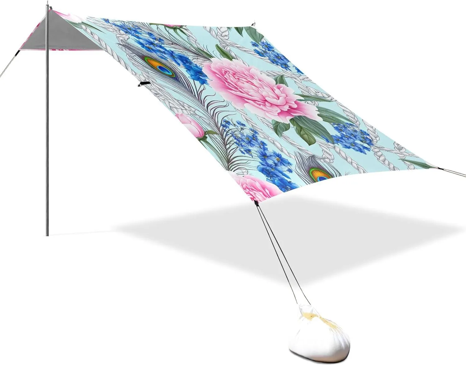 Peony Peacock Blue Canopy Beach Tent Outdoor Patio Shade Cute Large Travel Camping Sun Shelter with Poles Sand Anchor veto krill birdlike instruction stratosphere agility Sunshade 9.2 ?? 10.5 FT Floral Pink 