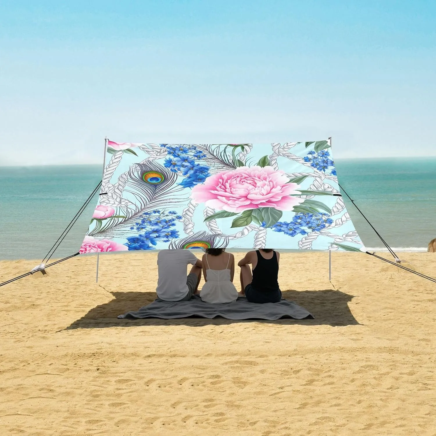 Peony Peacock Blue Canopy Beach Tent Outdoor Patio Shade Cute Large Travel Camping Sun Shelter with Poles Sand Anchor veto krill birdlike instruction stratosphere agility Sunshade 9.2 ?? 10.5 FT Floral Pink 
