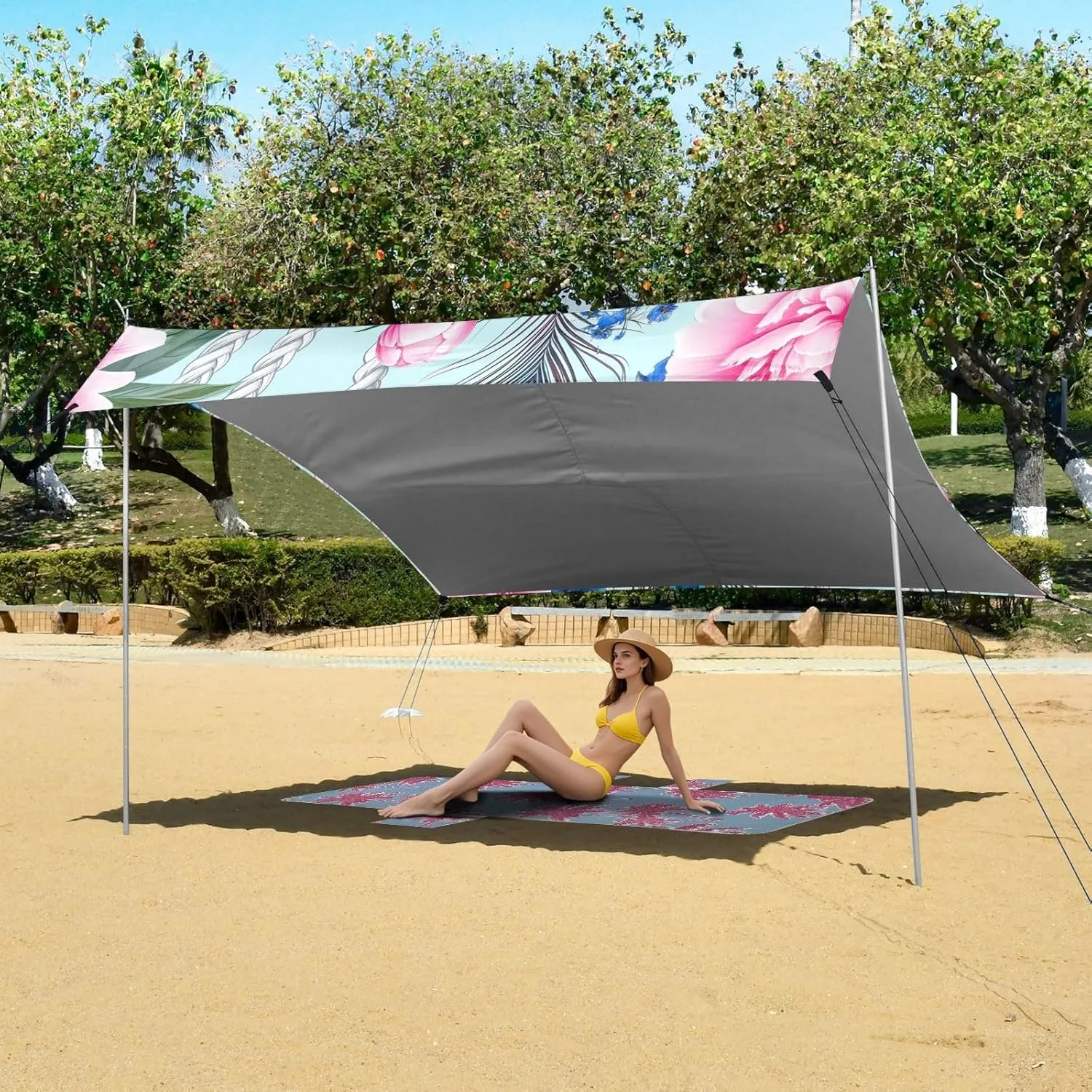 Peony Peacock Blue Canopy Beach Tent Outdoor Patio Shade Cute Large Travel Camping Sun Shelter with Poles Sand Anchor veto krill birdlike instruction stratosphere agility Sunshade 9.2 ?? 10.5 FT Floral Pink 