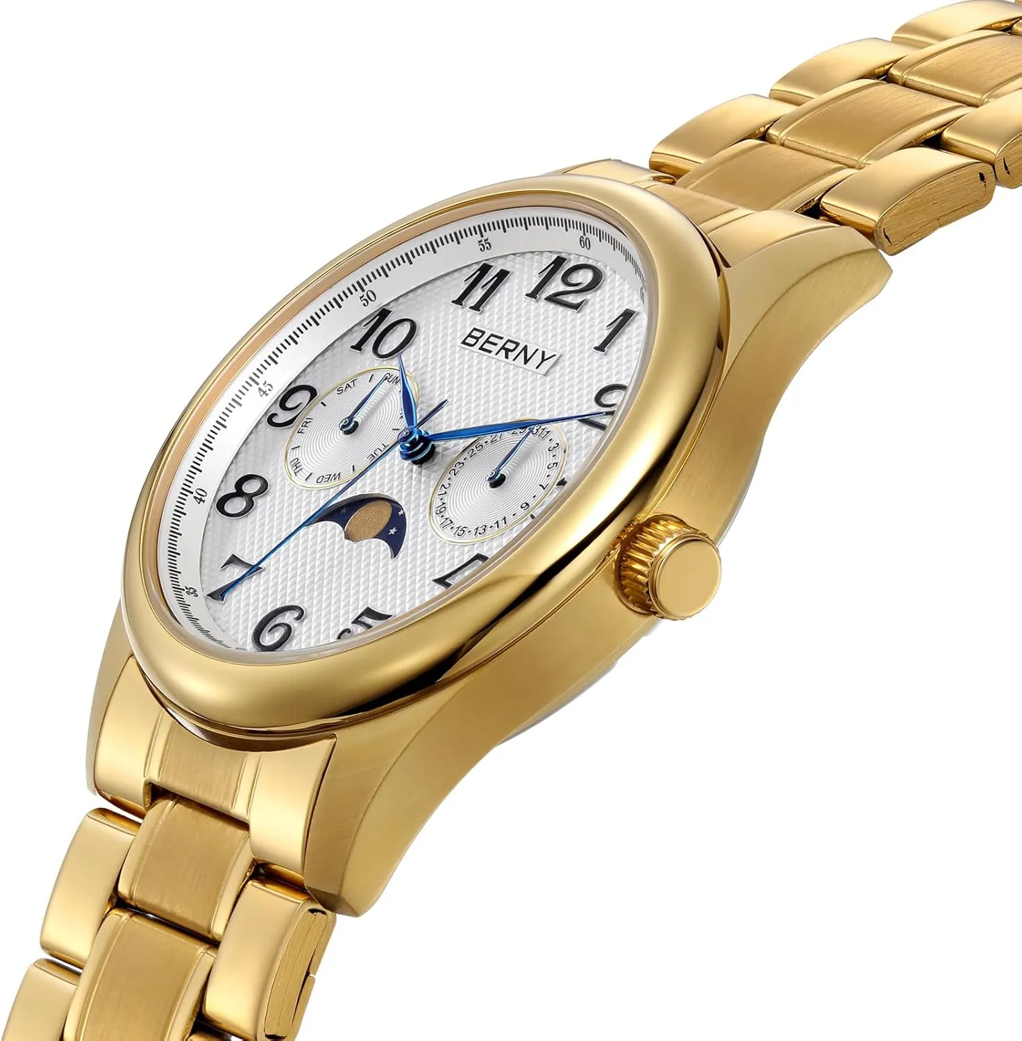 Phase Watches Multi-Function Quartz pivot constellation Wristwatch Easy Read Arabic Numerals Dial Analog Watches Stainless Steel Case Sub-dail with Date Day Calendar BERNY Gold Watch for Men Moon 