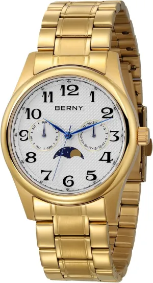 Phase Watches Multi-Function Quartz pivot constellation Wristwatch Easy Read Arabic Numerals Dial Analog Watches Stainless Steel Case Sub-dail with Date Day Calendar BERNY Gold Watch for Men Moon 