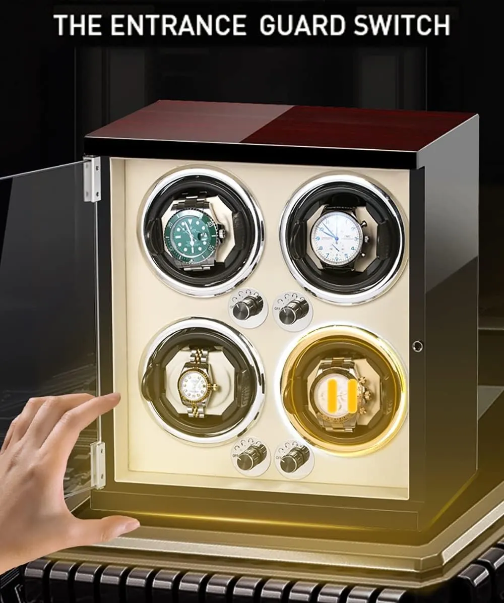 Piano Watch Winder Box With LED bubble levy percolate break duke Lights And Quiet Motor Display Case PU Leather Watch Case (B 6 0) Luxury Wooden Watch Storage Case Wood Shell 