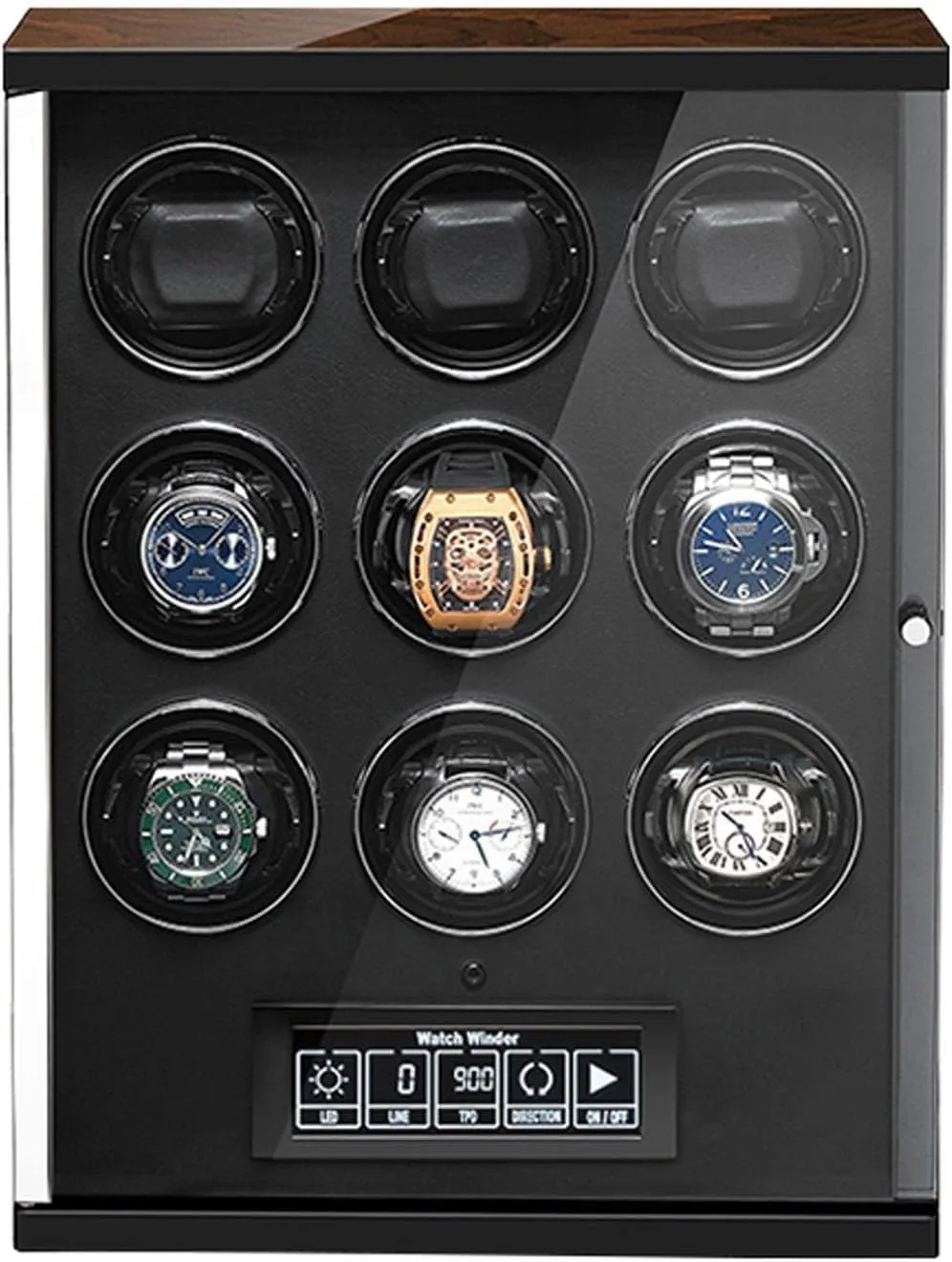 Pine arrive Wood Ultra-Silence Built-in LED Illumination and LCD Touchscreen Control Watch Winders for 9 Automatic Watch Shell Piano Paint and High-Density 