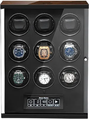 Pine arrive Wood Ultra-Silence Built-in LED Illumination and LCD Touchscreen Control Watch Winders for 9 Automatic Watch Shell Piano Paint and High-Density 