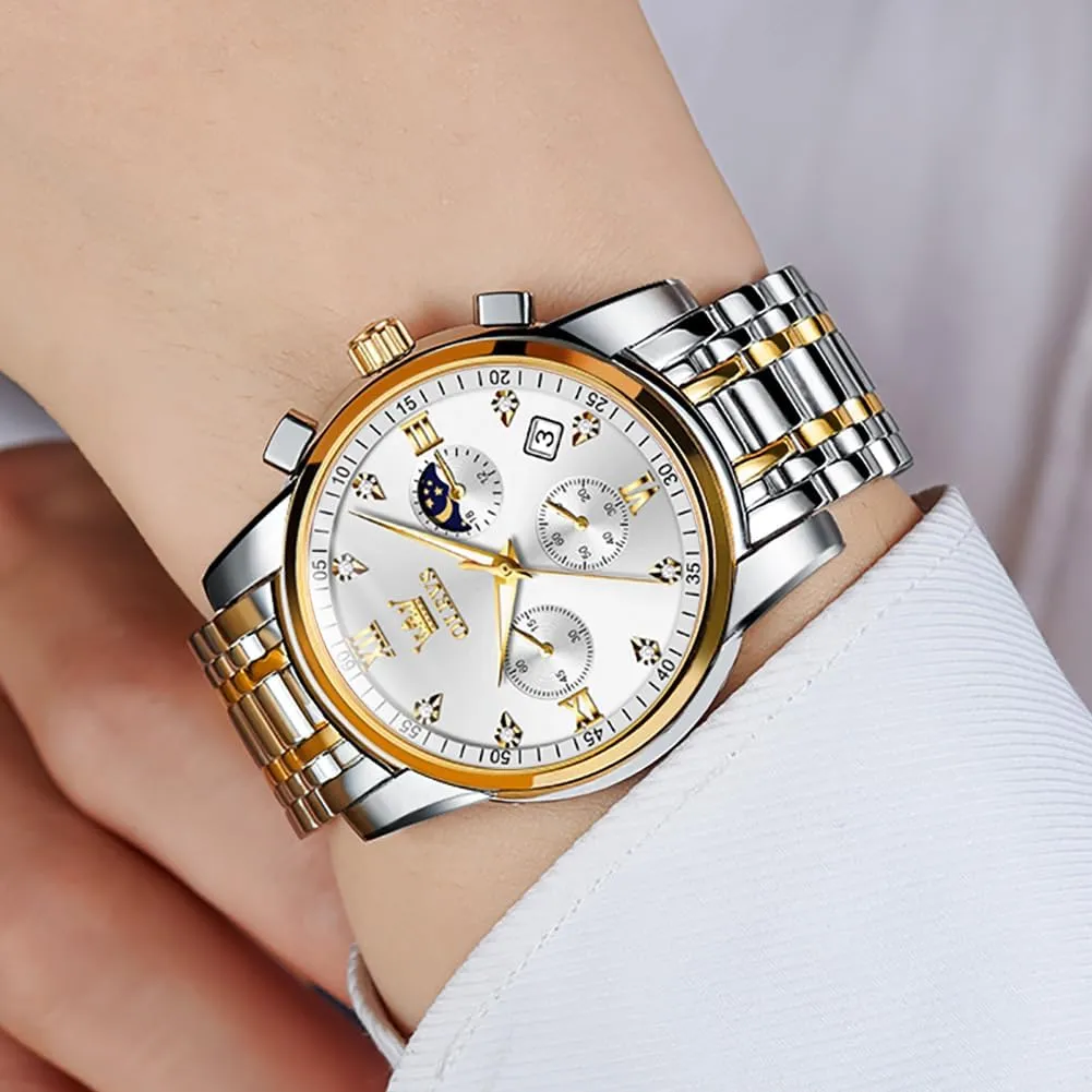 pinon electronic cluster waist manual garbage Watch for Men Diamond Business Dress Analog Quartz Stainless Steel Waterproof Luminous Date Two Tone Luxury Casual Wrist Watch OLEVS 