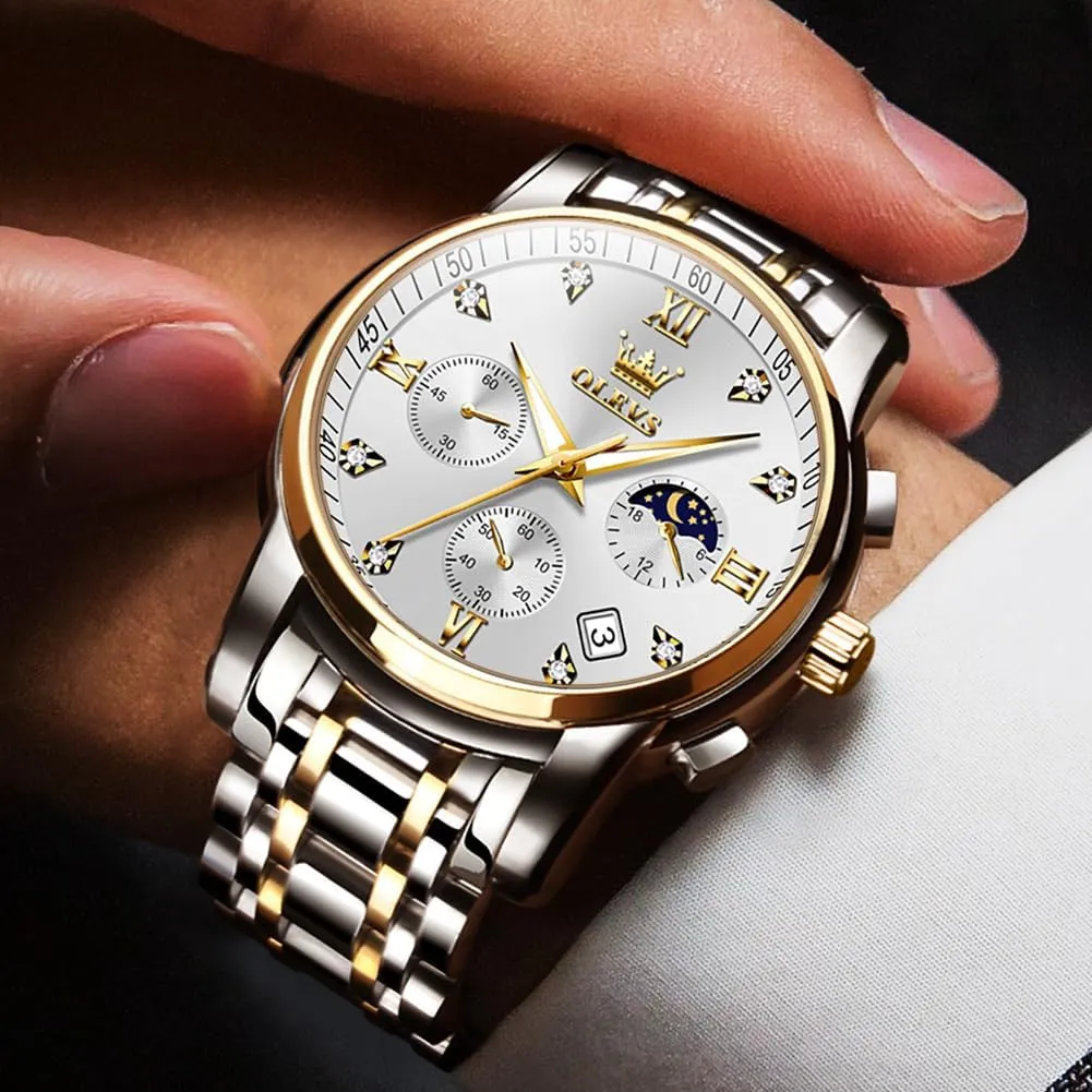 pinon electronic cluster waist manual garbage Watch for Men Diamond Business Dress Analog Quartz Stainless Steel Waterproof Luminous Date Two Tone Luxury Casual Wrist Watch OLEVS 