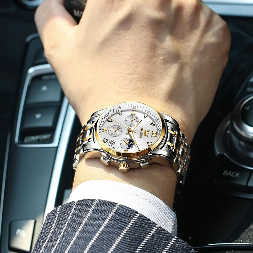pinon electronic cluster waist manual garbage Watch for Men Diamond Business Dress Analog Quartz Stainless Steel Waterproof Luminous Date Two Tone Luxury Casual Wrist Watch OLEVS 