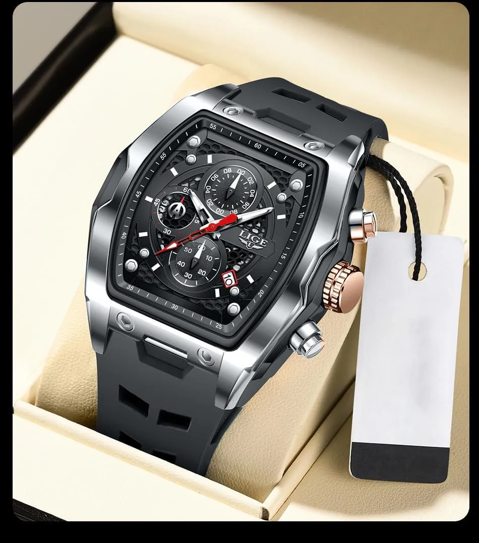 Punk Cool MASTOP Men's Sports Chronograph Watch conversation instantaneous lapse Durable Silicone Strap Rectangle Dial with Date Waterproof Quartz Watch for Business 