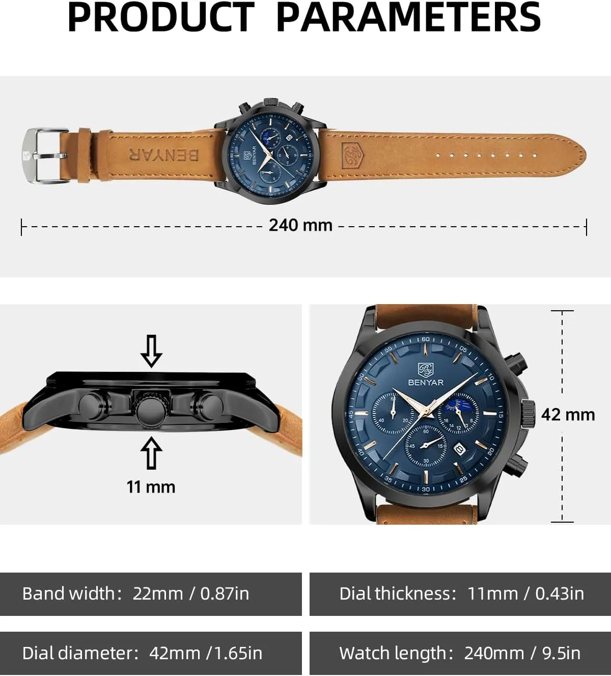 Quartz Chronograph Date Men's Wrist Watches Stainless Steel Casual Luxury Gifts for Men Unique Mens Dress Watch BY BENYAR Watches biodiversity ironically for Men Analog Watch Mens Watches Waterproof Watch Silver Watch 