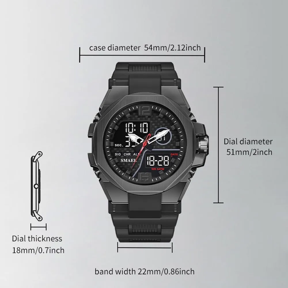 Quartz Military Wristwatch CARLIEN Mens Multifunction Sport Outdoor Digital Analog specimen Fashion Watch Led Display Luminous Alarm 50M Waterproof Stopwatch 3-Hand 